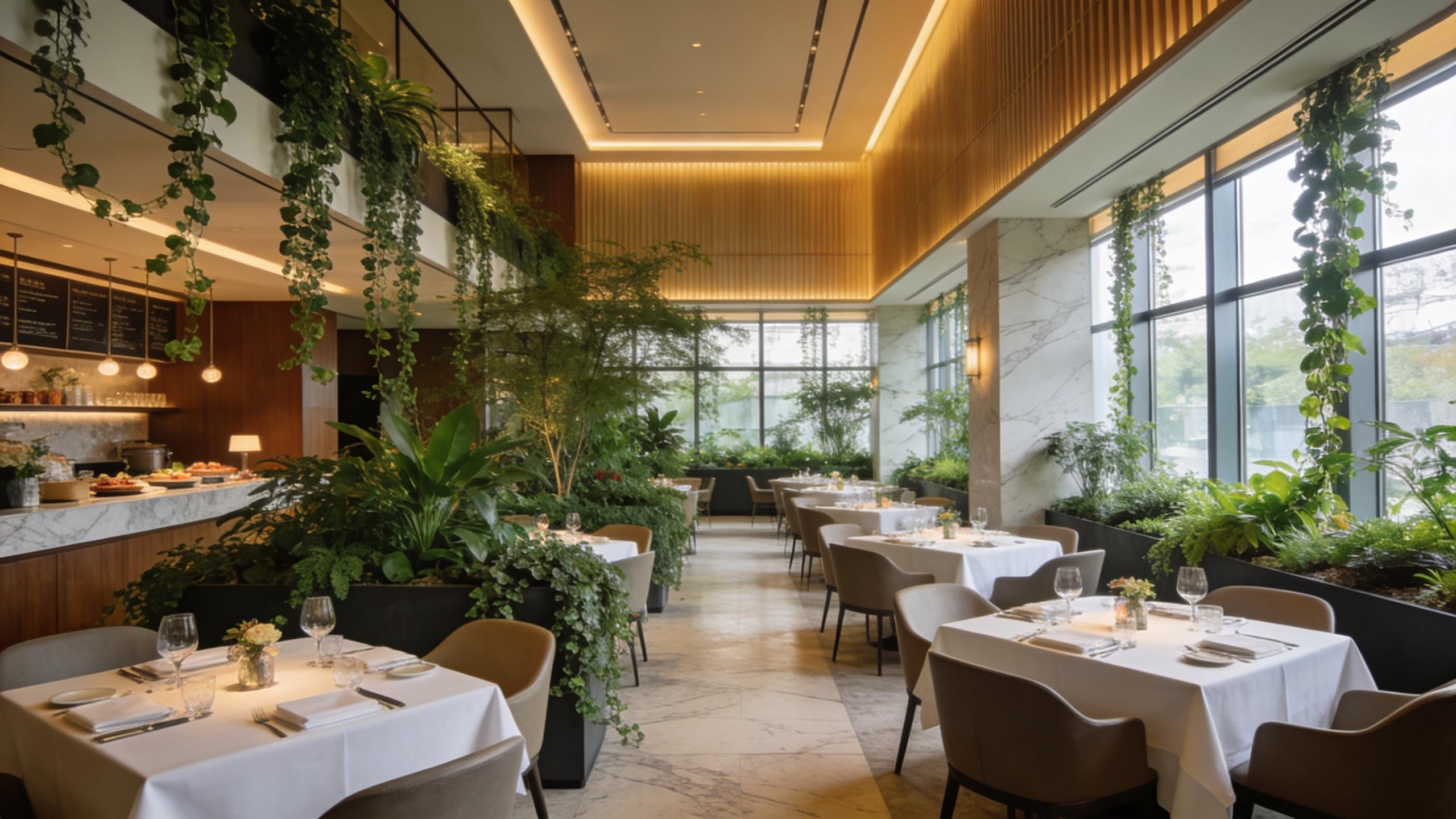 Jardin Perdu restaurant interior with lush botanical garden